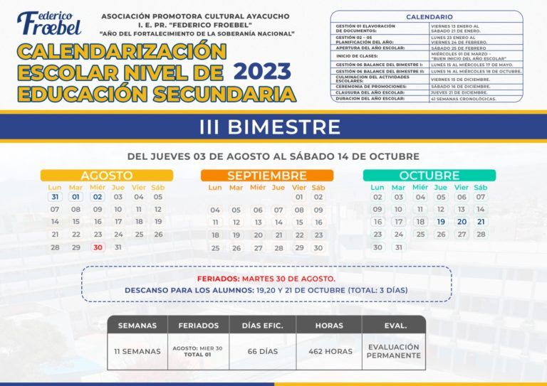 CALENDARIZACIÓN ESCOLAR NIVEL DE EDUCACIÓN SECUNDARIA – III BIMESTRE
