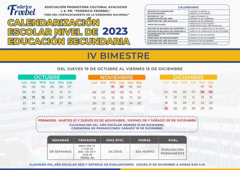 CALENDARIZACIÓN ESCOLAR NIVEL DE EDUCACIÓN SECUNDARIA – IV BIMESTRE