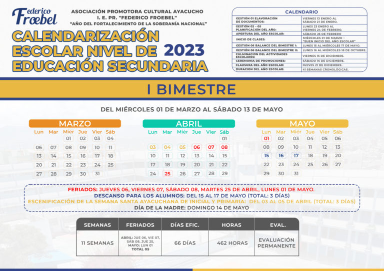 Calendarización escolar nivel de educación secundaria – I Bimestre